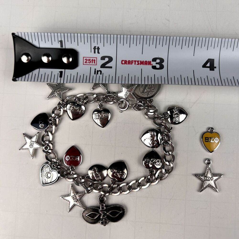 Vtg 1950s Beta Sigma Phi 7" Charm Bracelet Automade Sterling Silver 19 Charms